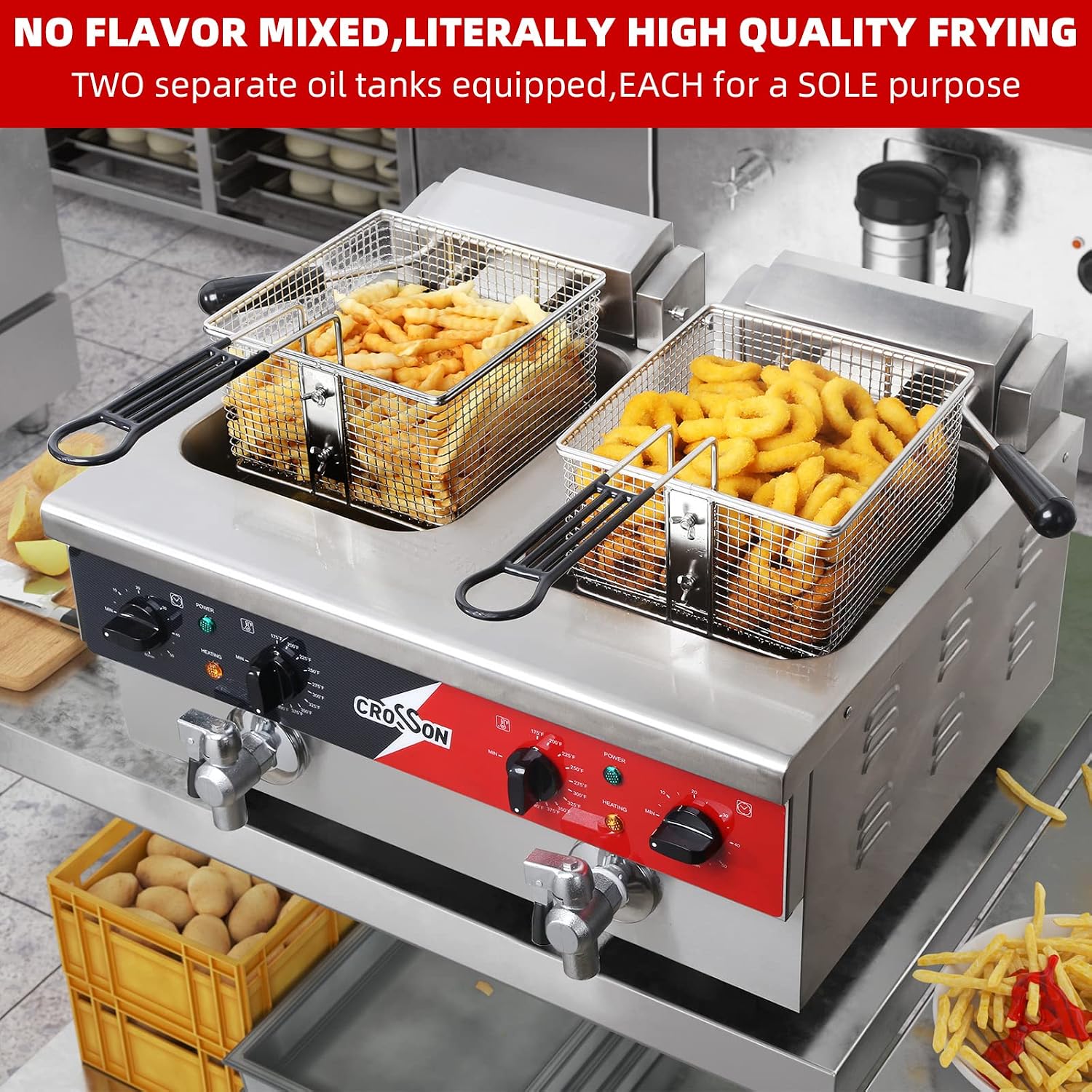 CROSSON 12L Dual Tank Countertop Electric Deep Fryer with Drain,Solid Basket and Lid for R