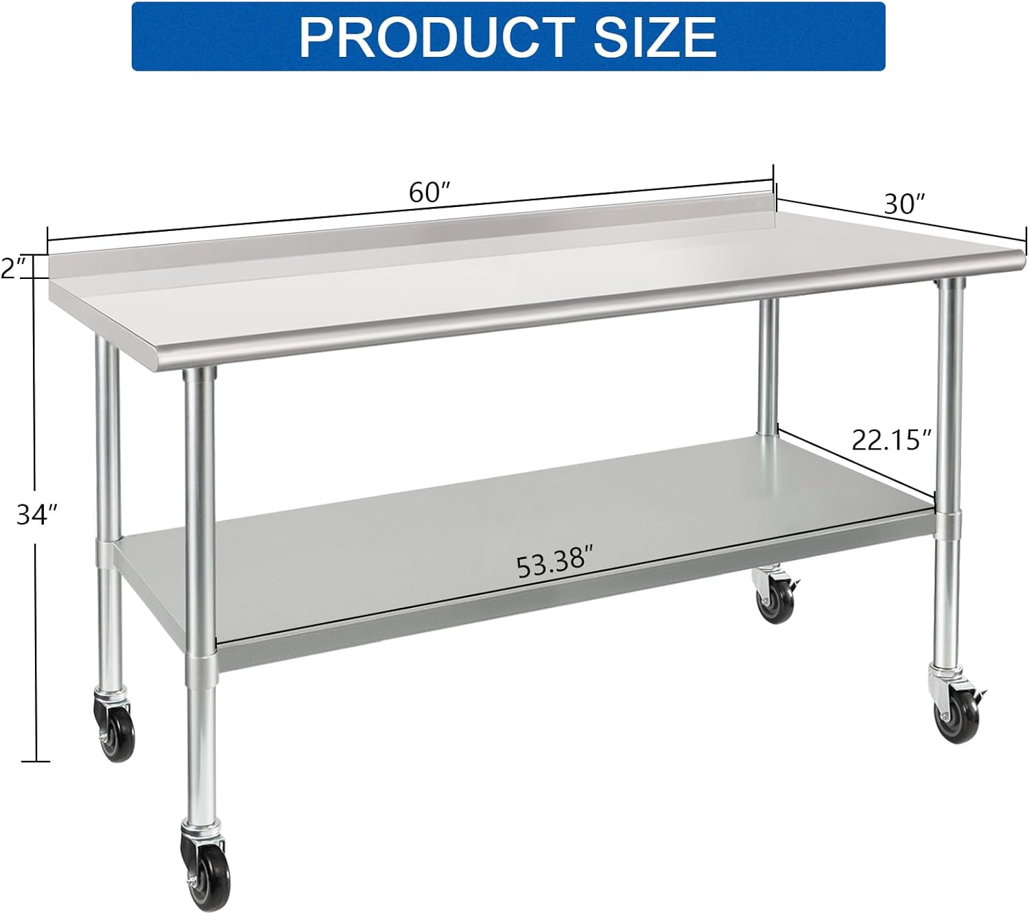 HARDURA Stainless Steel Table 30 x 60 Inches with Wheels Casters NSF Heavy Duty Commercial Prep Table with 2” Backsplash and Adjustable Undershelf for Restaurant Kitchen Home and Hotel 30" x 60"